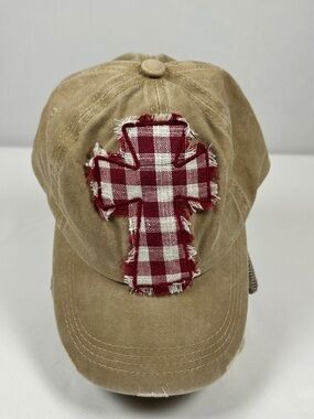 Southern Junkie Distressed Khaki Hat Maroon Beige Cross  Hook Loop Closure
